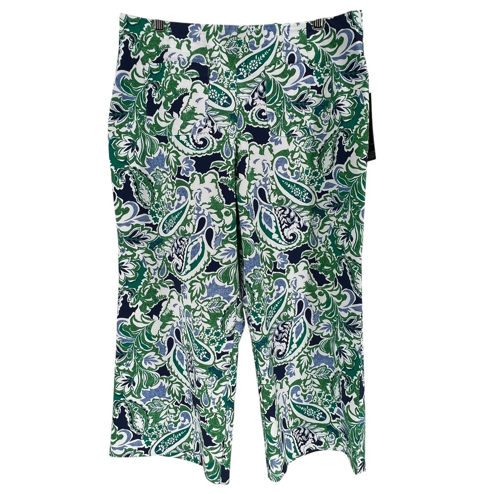 Investments Wide Leg Crop Pants Womens 14 Green Paisley Preppy Coastal Workwear